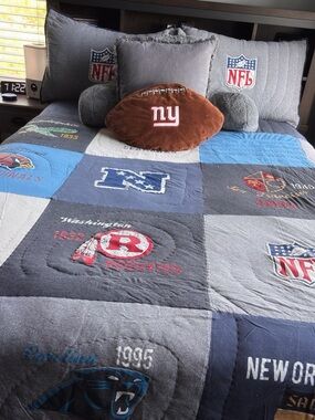 PB Teen Vintage NFL Patchwork Team Quilt in Blue, Gray, & Beige